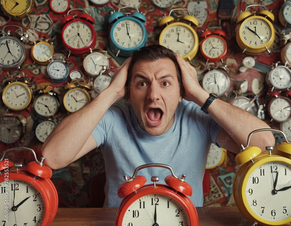 Many Clocks Ringing A man screams in despair as he hears many alarm clocks ringing to ...