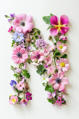 Wall Mural - Flower font alphabet N made of colorful floral letter on white background