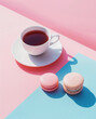 cup of tea and macaroons.Minimal creative food and drink concept.Trendy social mockup or wallpaper with copy space.