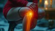 Pain in a knee joint, close-up, in color, isolated on a pastel background. Pain area in red color, senior woman holding the knee.