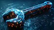 © png-jpeg-vector - blue digital wrench  spanner with glowing binary code, AI  in  maintenance management systems, predictive maintenance algorithms, equipment diagnostics, and remote repair assistance.