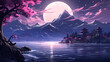 Japanese Fantasy Landscape with Moon over Sakura Trees