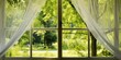 Pvc window with mosquito nets against background of the yard with green trees on summer day -, concept of Translucent barrier