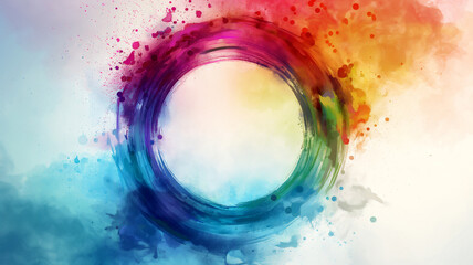 Wall Mural - Abstract multicolored rainbow circle frame watercolor background stain splatter