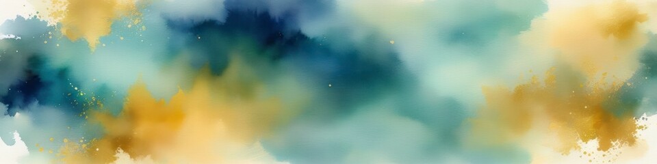 Wall Mural - Watercolor blurred illustration in dark turquoise color with golden strokes and leaves. Abstract background for design, space for text.	