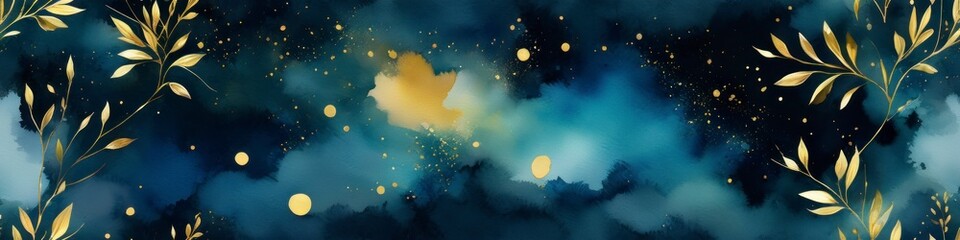 Wall Mural - Watercolor blurred illustration in dark turquoise color with golden strokes and leaves. Abstract background for design, space for text.	