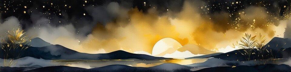 Wall Mural - Watercolor blurred landscape in orange and black with golden strokes and splashes. Abstract background for design, place for text.	