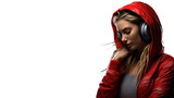 Fototapeta Londyn - Melodic Bliss: A Serene Moment Captured - A Girl Embraces the Rhythm in a Scarlet Hoodie, Immersed in Music Through Her Headphones - PNG Cutout Adorned on a Transparent Backdrop