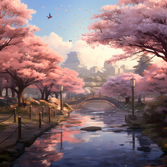 Poster - A city park with cherry blossoms in full bloom.