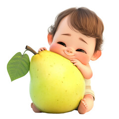 Wall Mural - A close-up of a baby holding a big yellow apple in their hands Isolated on transparent