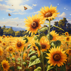 Poster - A field of sunflowers with bees collecting nectar.