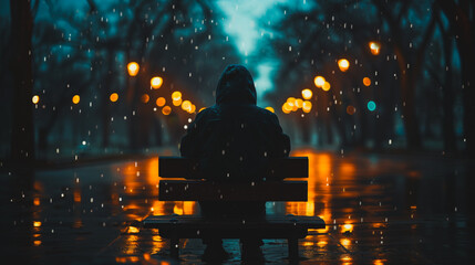 Wall Mural - A person is sitting on a bench in the rain