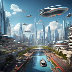 Canvas Print - A futuristic cityscape with flying cars. 