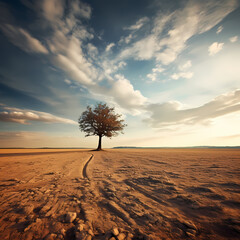 Sticker - A lone tree in the middle of a vast field.