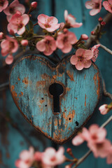 Poster - A heart with a keyhole in the middle of it is surrounded by pink flowers