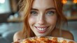 Smiling Woman Enjoying Fresh Pizza in a Cafe