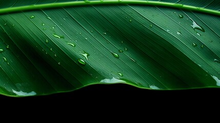 Wall Mural - dew on dark green banana leaf background