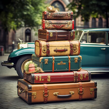 A Stack Of Antique Suitcases In A Vintage Car.