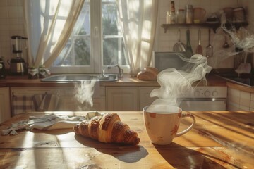 Sticker - A cup of coffee and a croissant on the kitchen table. Generative AI.