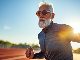 Wall Mural - An older man with a beard and sunglasses running on the track. Generative AI.