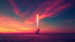 A rocket is seen in the sky as it flies through a sunset. Generative AI.