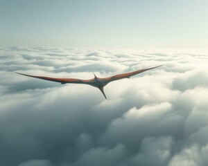 Canvas Print - A large prehistoric bird flying through the clouds with a red tail. Generative AI.