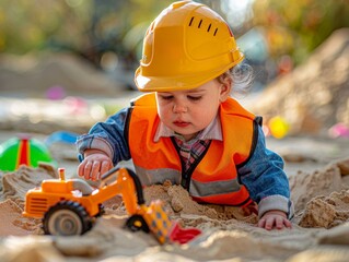 A baby in a hard hat playing with toy construction equipment. Generative AI.