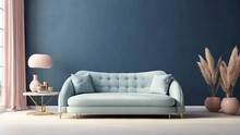 Livingroom Or Buisness Hall Scene Light Pastel Color. Lounge Room - Blue Sky Paint And Velor. Empty Wall Blank - Navy Pale Tone Loveseat.Luxury Modern House Design Interior Generative Ai