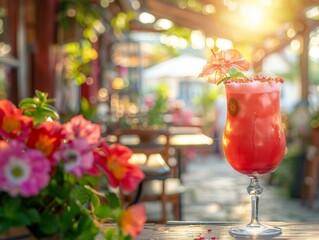 Sticker - A glass of a drink sitting on top of an outdoor table.