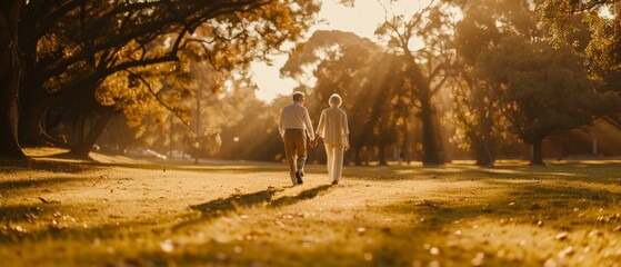 Wall Mural - A couple walking through a park in the sun. Generative AI.