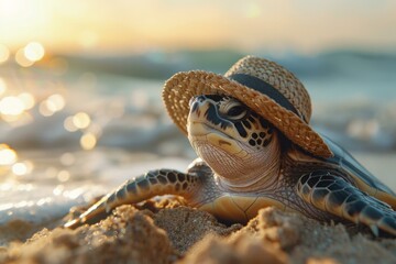 Canvas Print - A turtle wearing a straw hat on the beach. Generative AI.