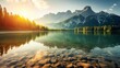 A serene mountain lake landscape bathed in the warm glow of sunrise, reflecting a perfect blend of stillness and natural beauty