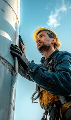 Poster - A man in hard hat and safety vest holding a large pipe. Generative AI.