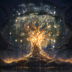 Canvas Print - Ancient tree of life with glowing interconnected roots