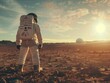 © serg3d - A man in an astronaut suit standing on a desert planet. Generative AI.