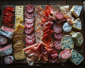 A wooden cutting board with a variety of meats and cheeses.