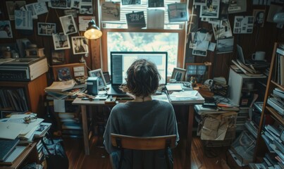 Poster - A person sitting in a chair looking at the computer screen. Generative AI.