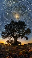 Wall Mural - A tree is shown in a starry sky with a star trail. Generative AI.