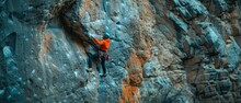 A Man In Orange Climbing On A Rock Face With Some Trees. Generative AI.