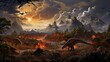 Artwork showcases dinosaurs fleeing a catastrophic volcanic eruption in a prehistoric setting