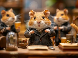 Wall Mural - Three small mice dressed in suits and ties sitting at a desk. Generative AI.