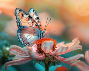 Sticker - A butterfly sitting on a flower with the sun behind it. Generative AI.