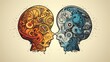 Artistic depiction of two human silhouettes with mechanical and organic styled gears in their heads