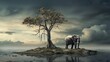 A solitary elephant stands on a tiny island with a single tree under a moody, overcast sky