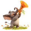 An adorable elephant in cartoon style happily playing a trumpet while surrounded by a colorful field of flowers Isolated on transparent