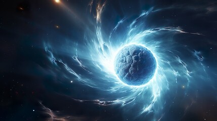 Wall Mural - A vivid depiction of a blue glowing orb with swirling cosmic energy encapsulating it, set against a starry space background