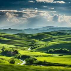 Poster - Peaceful countryside with rolling hills. 