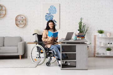 Sticker - Beautiful female student in wheelchair with modern laptop and books studying online at home