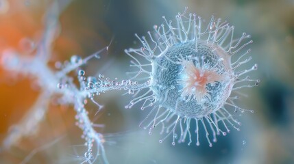 Wall Mural - A closeup of a single amoeba its membrane covered in delicate hairlike projections as it cruises through a drop of water.