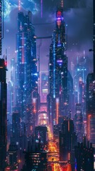 Wall Mural - A cityscape of towering skyscrapers on a high-tech alien planet glowing with neon lights  AI generated illustration